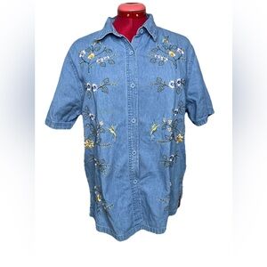 Vintage Denim Hummingbirds Flower Shirt Women LARGE L Blue Button Up Embroidered
